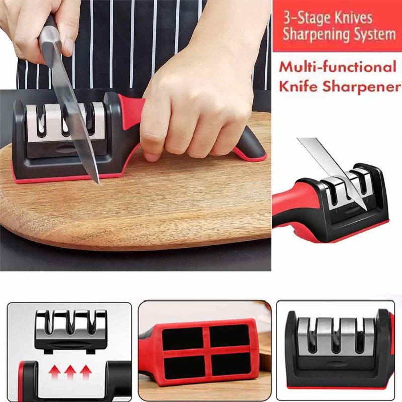 AGM Manual Knife Sharpener 3 Stage Sharpening Tool Ceramic Knife and Steel Knives । Color Black & Red । Pack of 01