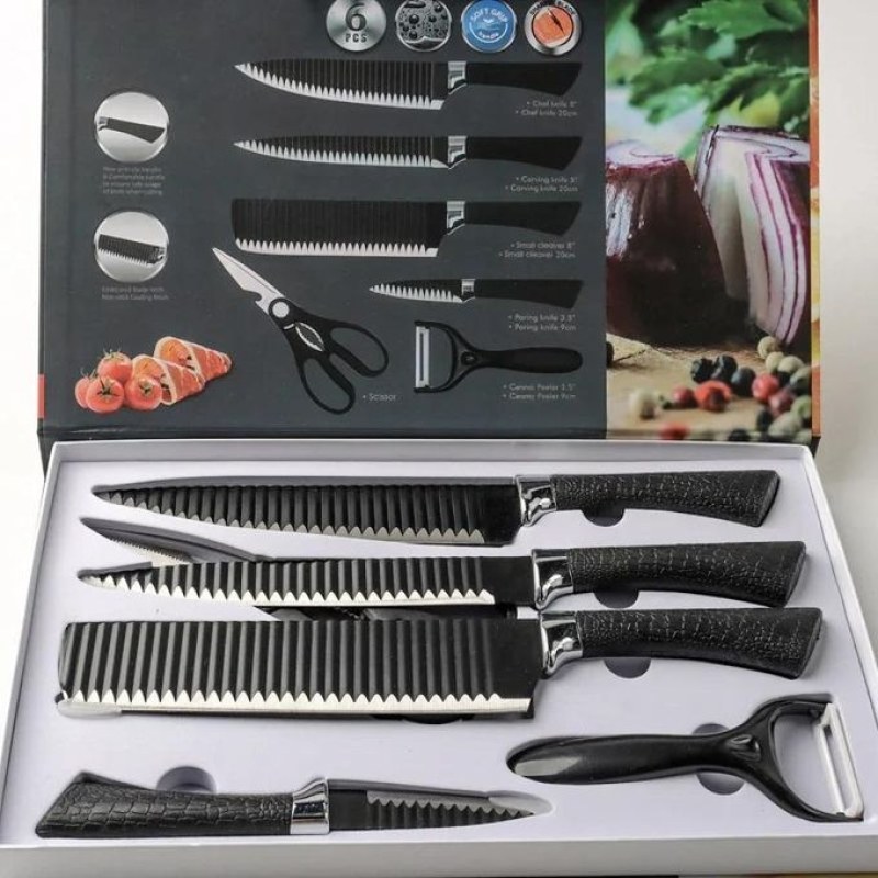 Knife Set - A full 6-piece set featuring sharp knives, robust scissors, and cleaning scrubs, designed for professional chefs and home cooks to enhance cooking performance.
