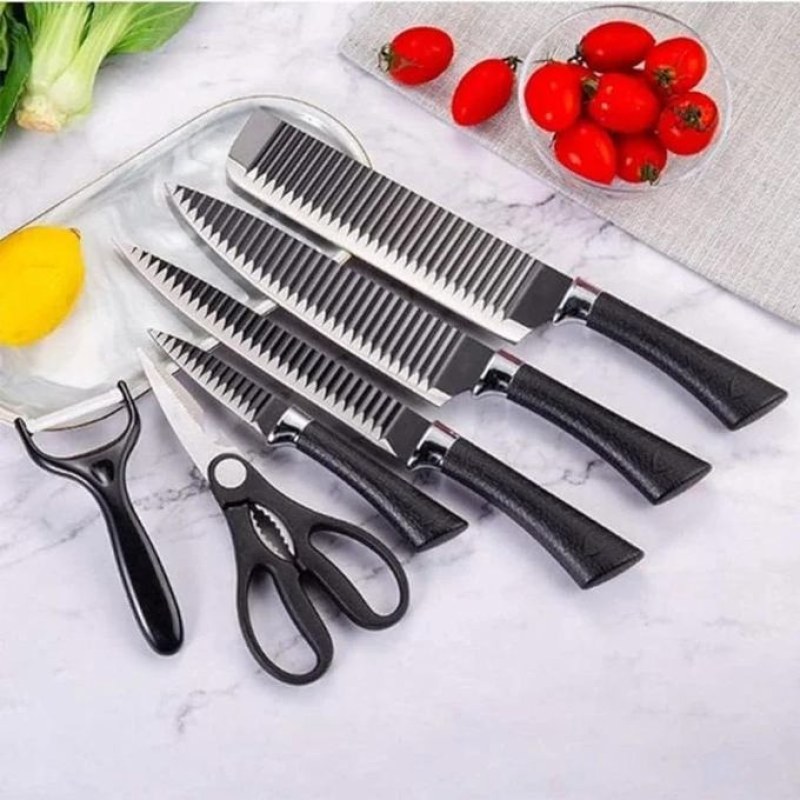 Knife Set - A full 6-piece set featuring sharp knives, robust scissors, and cleaning scrubs, designed for professional chefs and home cooks to enhance cooking performance.