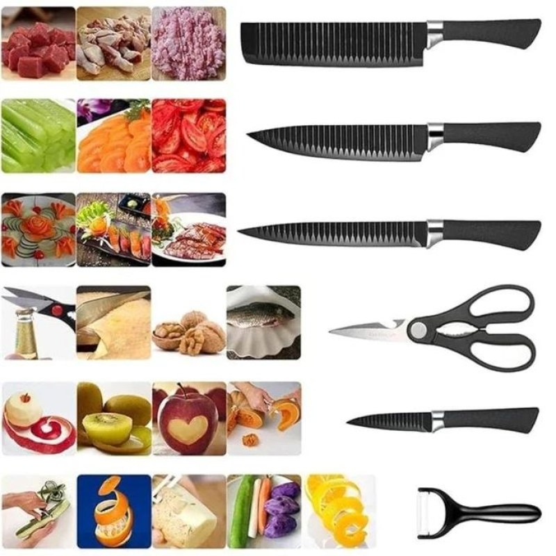 Knife Set - A full 6-piece set featuring sharp knives, robust scissors, and cleaning scrubs, designed for professional chefs and home cooks to enhance cooking performance.
