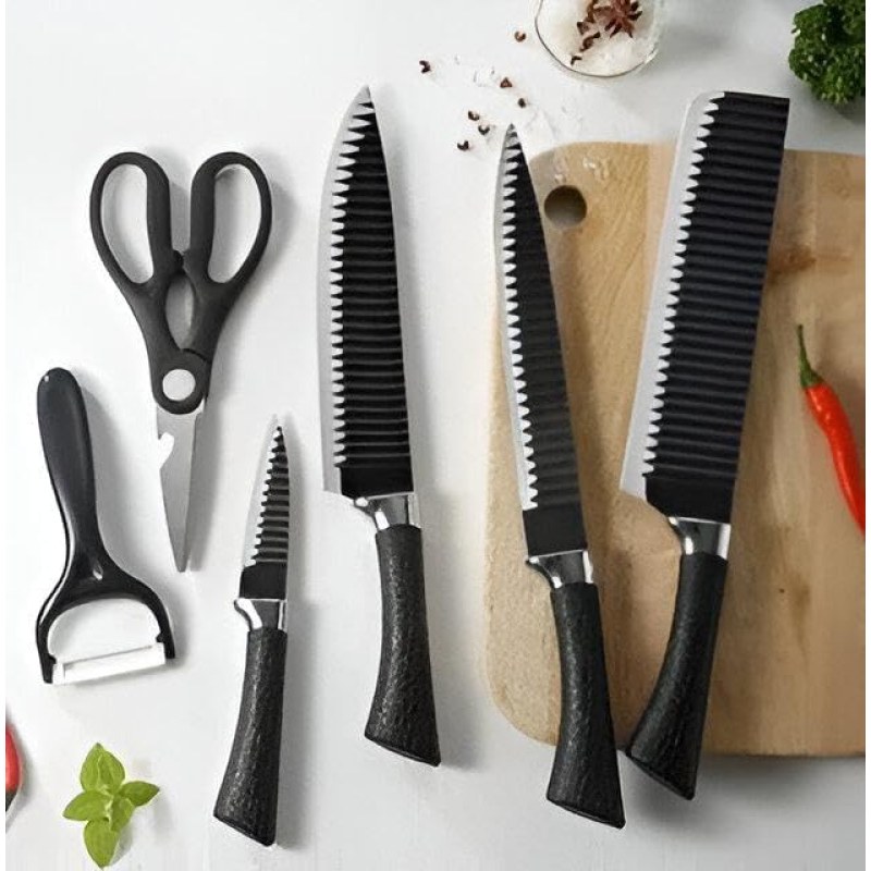 Knife Set - A full 6-piece set featuring sharp knives, robust scissors, and cleaning scrubs, designed for professional chefs and home cooks to enhance cooking performance.