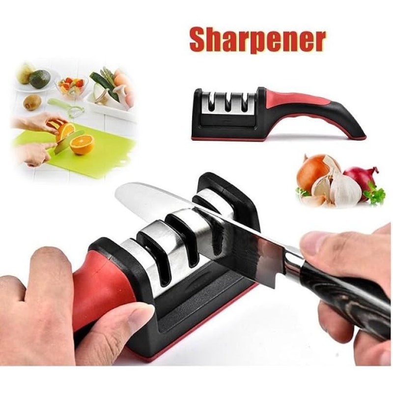 AGM Manual Knife Sharpener 3 Stage Sharpening Tool Ceramic Knife and Steel Knives । Color Black & Red । Pack of 01