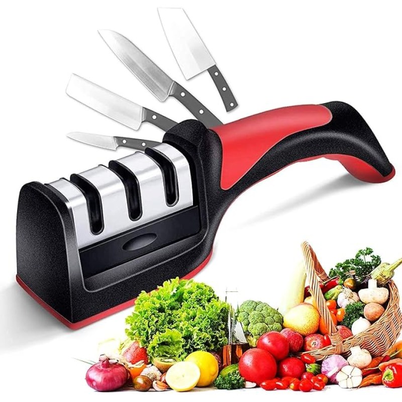 AGM Manual Knife Sharpener 3 Stage Sharpening Tool Ceramic Knife and Steel Knives । Color Black & Red । Pack of 01