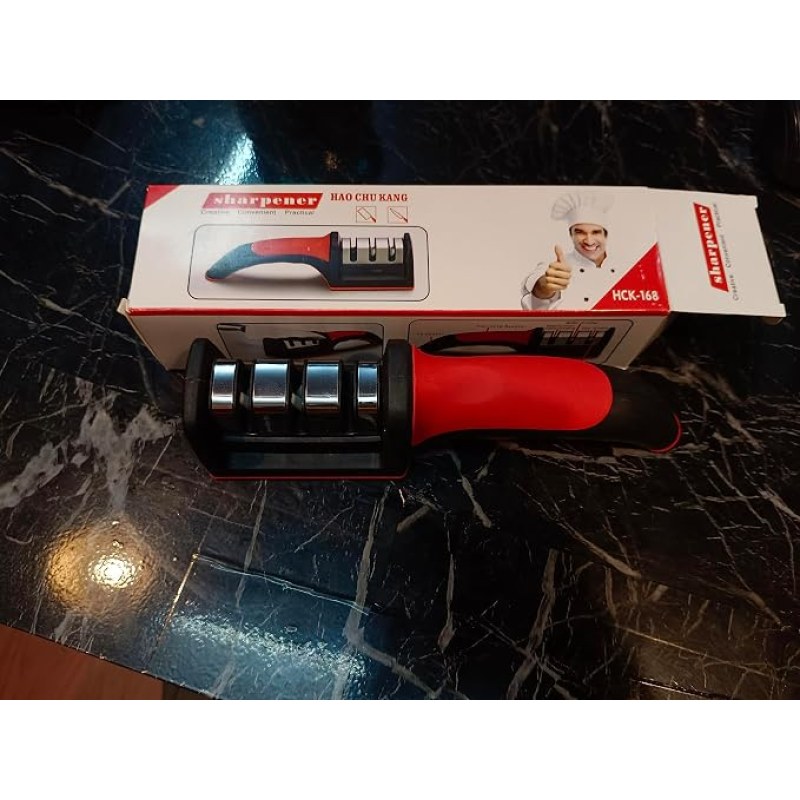 AGM Manual Knife Sharpener 3 Stage Sharpening Tool Ceramic Knife and Steel Knives । Color Black & Red । Pack of 01
