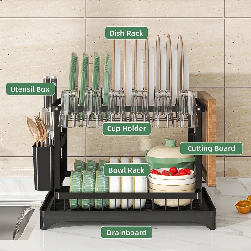 Kitchen Multifunction Carbon Steel Storage Rack Dish Water Cup Chopsticks Cutlery Cutting Board Drying Organizer Tableware