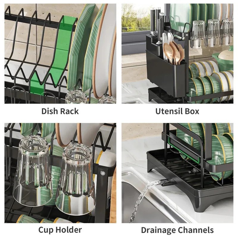 Kitchen Multifunction Carbon Steel Storage Rack Dish Water Cup Chopsticks Cutlery Cutting Board Drying Organizer Tableware