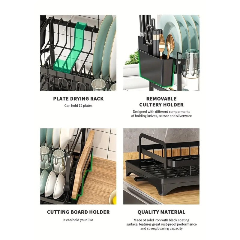 Kitchen Multifunction Carbon Steel Storage Rack Dish Water Cup Chopsticks Cutlery Cutting Board Drying Organizer Tableware